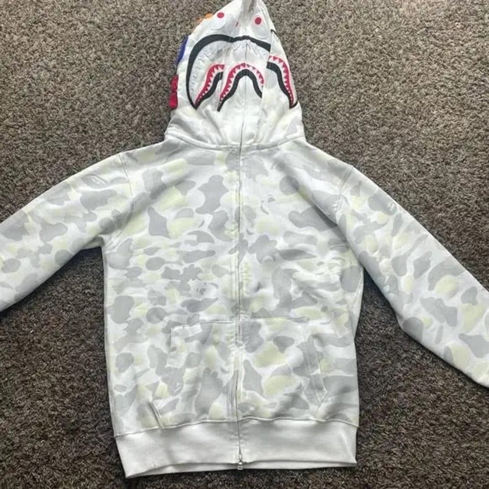 White, yellow, and gray Bape hoodie